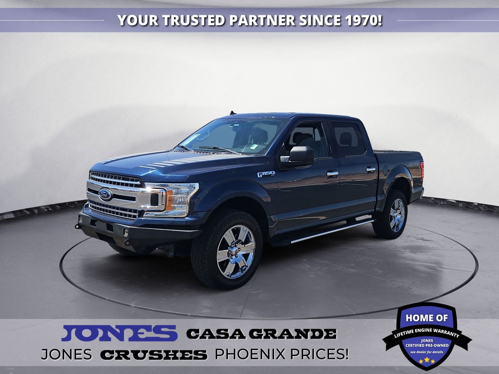 2019 Ford F-150 XLT in Blue Jeans Metallic — front three-quarter view